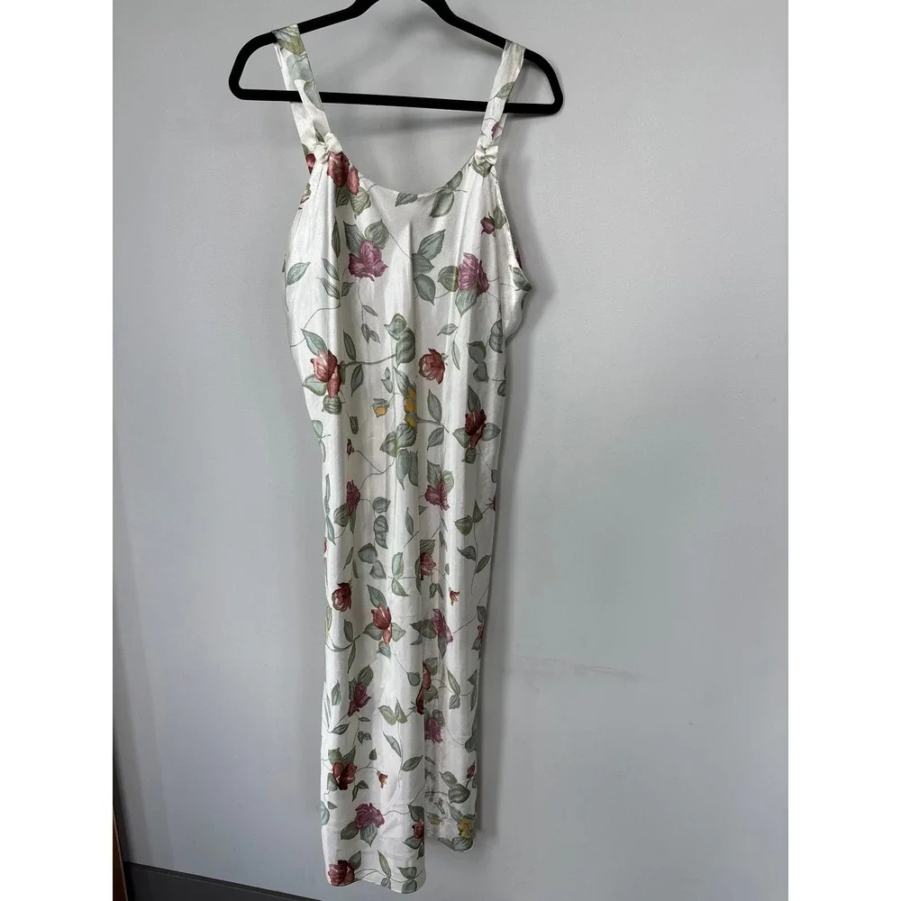 Vintage Floral Satin Slip Dress XL Cream Rose‎ Print Ruffle Back Midi Dress